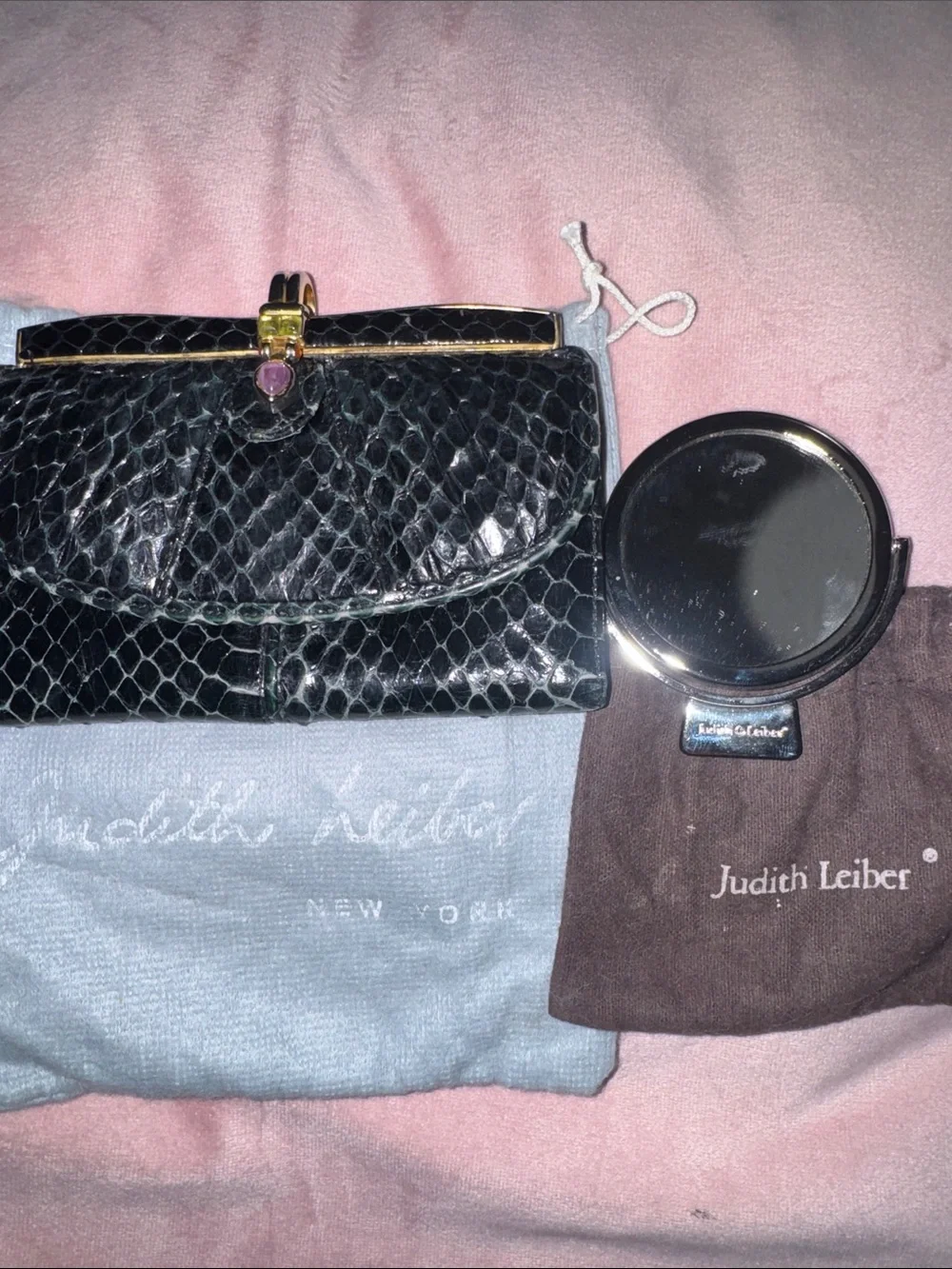 Judith Leiber Black Python Clutch and mirror set EUC